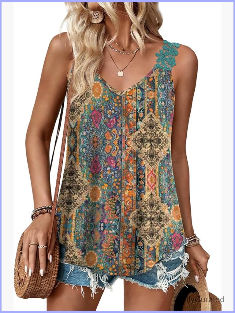 Sleeveless V-Neck Lace Tank Top Flowy Boho Summer Blouse Beach Vacation Top